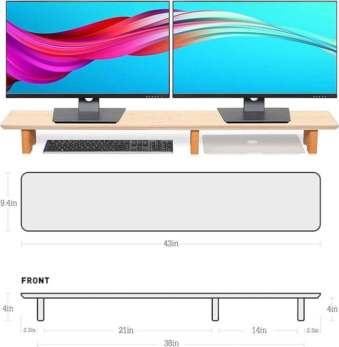 Aothia Large Dual Monitor Stand Riser, Solid Wood Desk Shelf with Eco Cork Legs for Laptop Computer/TV/PC/Printers, Perfect Desktop Stands Organizer with Underneath Storage for Office Accessories