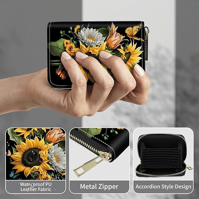 BWEGRHE Cute Credit Card Holder with Zipper, Sunflowers Butterfly RFID-Blocking Card Case Small Wallet for Women Men, Multi-slot Card Organizer Case Travel Accordion Wallet