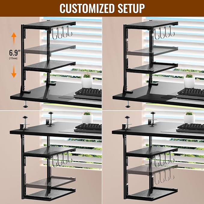 AUATRONNE Clamp-on Desk Shelf, 13 inch Above or Below Desk 2-Tier Shelving, Adjustable Metal Storage Tray for Gaming Devices or Office Desk Accessories and More, Black, Patent Pending