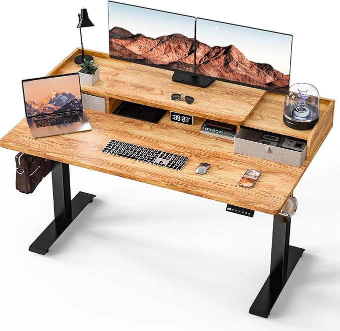 Kingant 55 x 30 Inch Electric Standing Desk with Dual Drawers, Adjustable Height Computer Desk for Home Office, Large Workstation Sit Stand Up Desk with Built-in Storage Shelf, Light Rustic Brown