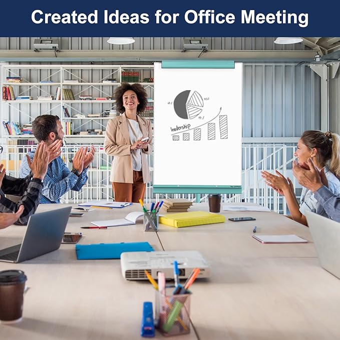TSJ OFFICE Rolling Whiteboard Standing - 40 x 26 Inches Magnetic Mobile White Board with Stand, Height Adjustable Dry Erase Board on Wheels with Paper Clamp on Top, Light Blue