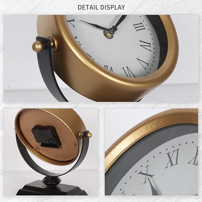QIYAODECO Desk Clock - Classic Vintage Clock and Decorative Shelf Decor,Silent Non-Ticking Clock with Distressed Metal Frame for Office, Living Room or Bedroom