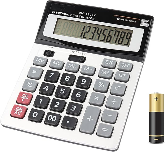 HIHUHEN Large Electronic Calculator Counter Solar & Battery Power 12 Digit Display Multi-Functional Big Button for Business Office School Calculating (1 x Calculator)