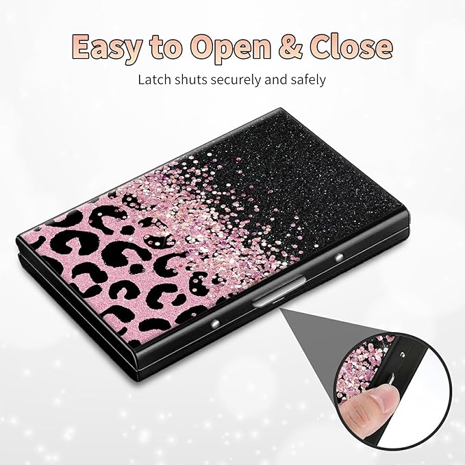 BWEGRHE Slim Credit Card Holder, Pink Glitter Leopard RFID Blocking Metal Wallet for Men & Women, Aluminum Minimalist Hard Case Pocket-Sized Business Cards Organizer (Fits Up to 10 Cards)