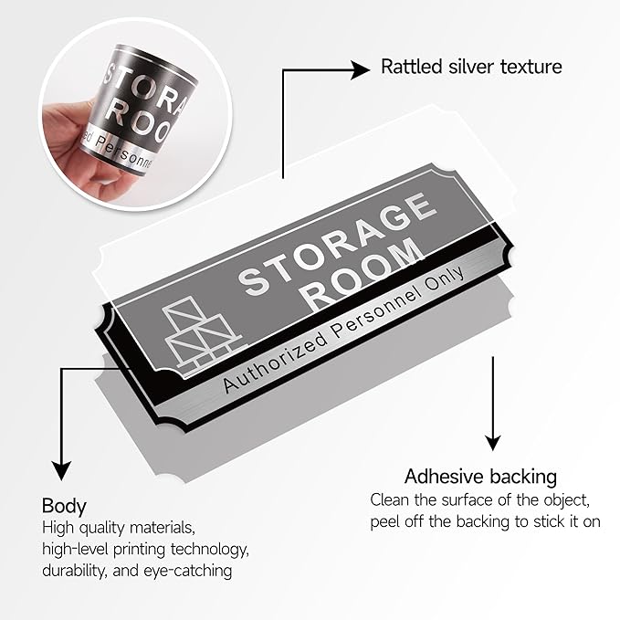 Storage Room Sign for Business Door, Self-Adhesive Durable Modern Storage Room Sticker, Brushed Silver Authorized Personnel Only Signs for Home, Business, Restaurants, Private Area