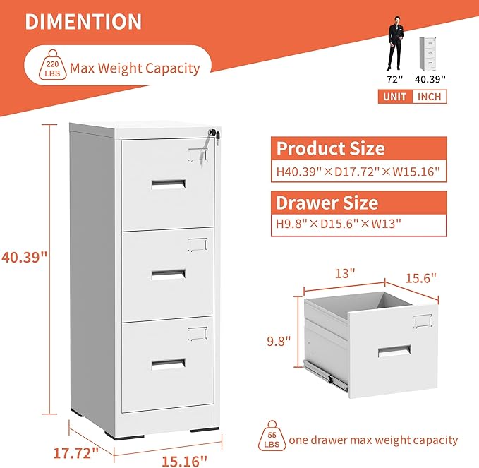 OPTYMIRA 3 Drawer Metal File Cabinet with Lock,White Steel Filing Cabinets Heavy Duty Locking Vertical File Cabinet Home Office Storage Cabinet for Legal/Letter Size File,Assembly Required