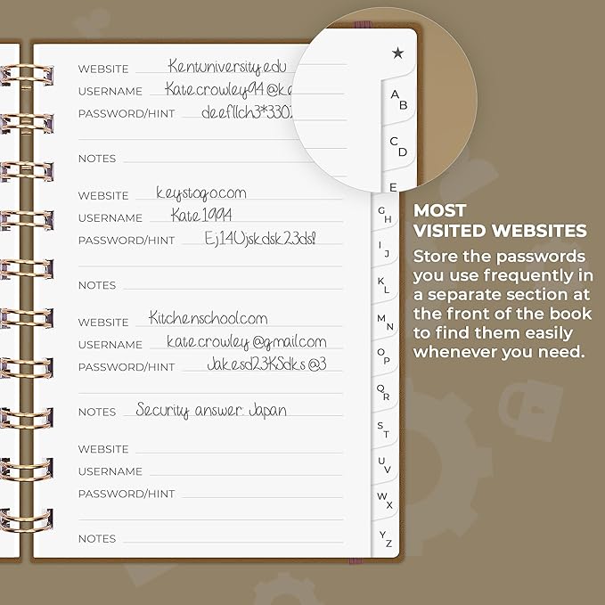 Clever Fox Password Book Spiral – Mini Internet Address & Password Organizer with Laminated Alphabetical Tabs – Small Password Keeper Journal – Hardcover, Pocket Size, 4.7x5.7” (Brown)