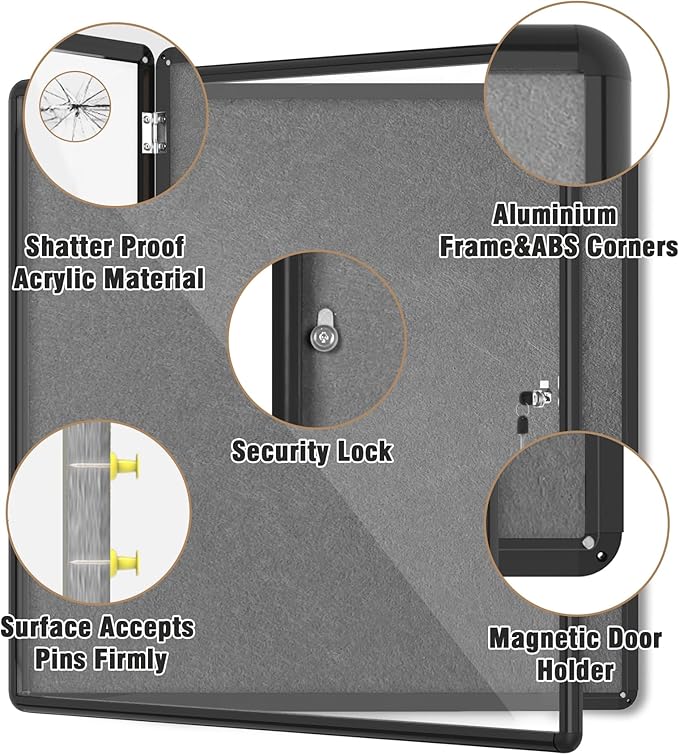 Mifuro 38"x38" Enclosed Bulletin Board, Lockable Weather-Resistant Aluminum Cork Noticeboard for School & Office, Black Frame w/Grey Flet