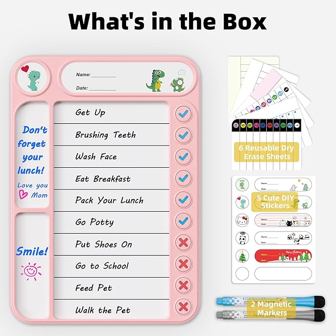 Magnetic Chore Chart for Kids, ADHD Task Tracker Easy-Check Routine Dry Erase Board, to-Do List Planning Tool with Stand for Fridge/Desk/Home/School, 6 Reusable Sheets, 2 Markers