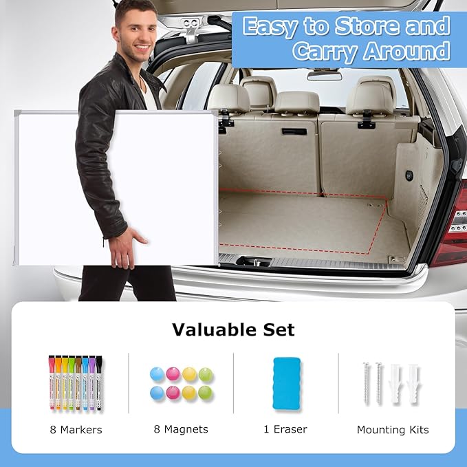 DOLLAR BOSS Large White Board 72 x 40 Inch Foldable Magnetic Whiteboard for Wall, Portable Double Sided Dry Erase Board, Aluminum Frame Message Board for School, Office, Classroom with Eraser, Markers