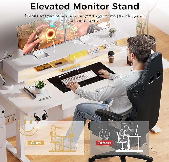 GTPLAYER Electric Standing Desk with Drawers, 48 x 24 Inch Height Adjustable Gaming Desk with Monitor Stand, Power Outlets & LED Lights, Home Office Sit Stand Up Desk with Memory Preset (White)