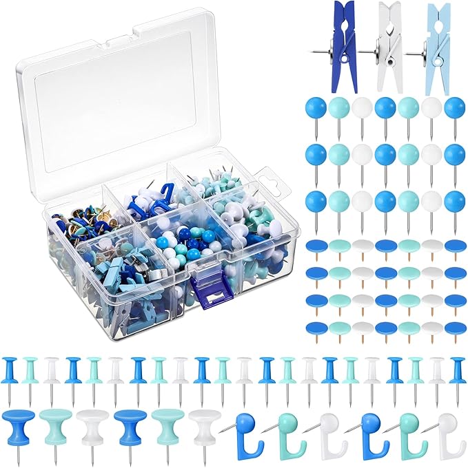 600 Pcs Decorative Push Pins, White Blue Thumb Tacks 6 Types Cute Push Pin Clips for Bulletin Board Wall Cork Board Colorful Classroom Decor Teacher Must Haves Supplies School Crafts Project