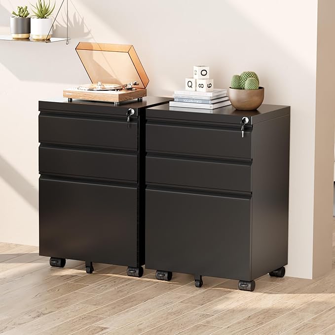 Greenvelly 3 Drawer Mobile File Cabinet with Lock, Metal Filing Cabinet on Wheels, Under Desk File Cabinet for Home Office Organizer Letter/Legal/A4 File (Assembly Required, Black)