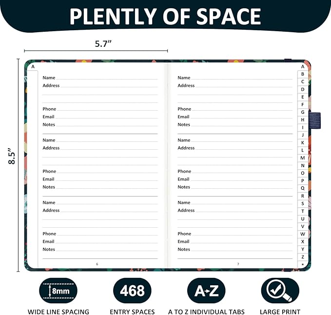 Comkiso Address Book with Individual Alphabetical Tabs Laminated, Large Print Address Book with 468 Wide Lining Entry Spaces, Change of Address Labels, Hardcover Address Book 5.7 x 8.5" - Floral