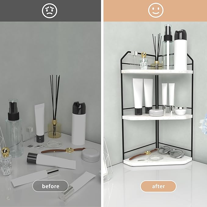 INIUNIK Corner Bathroom Counter Organizer - 3 Tier Wood Vanity Counter Shelf Perfume Skincare Holder, Countertop Corner Shelf Organizer for Bathroom, Kitchen, Rustic White
