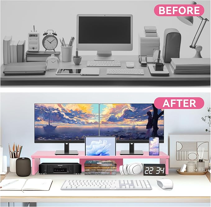 Dual Monitor Stand Riser with Phone Tablet Holder, 35.8in Large Monitor Stand for Desk, Computer Monitor Stand for 2 Monitors, Desk Shelf for Top of Desk, Desktop Organizer for Laptop, Printer, TV