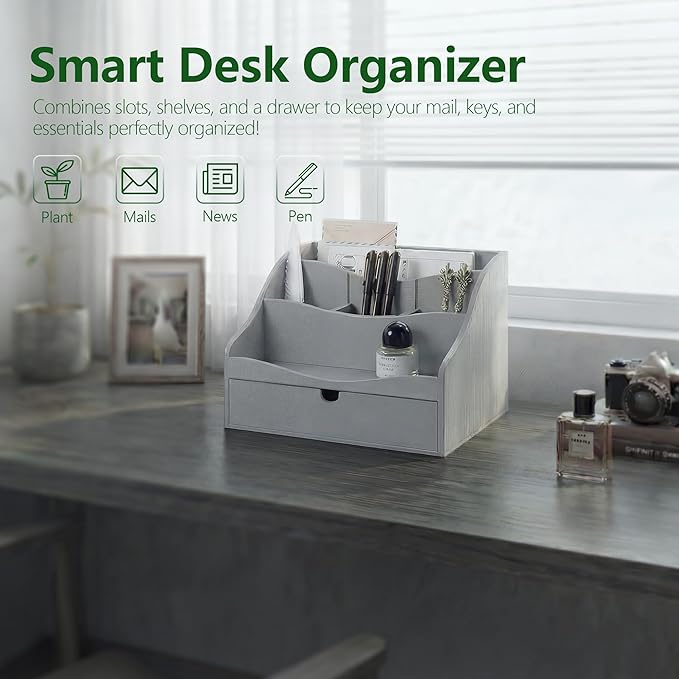 Pine Wood Mail Organizer for Desk - Rustic Farmhouse Mail Sorter Countertop Organizer for Letter Paper, Files & Everyday Essentials - Wooden Folder Organizer with Drawer for Home & Office Decor (Gray)