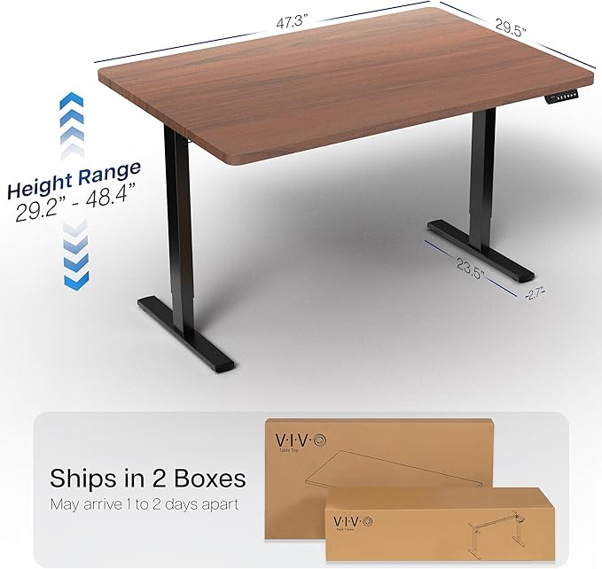 VIVO Electric 48 x 30 in Standing Desk, Memory Height Adjustment, 1B Series, Holds 220 lbs, One-Piece Dark Walnut Top, Black Frame, DESK-KIT-1B5D