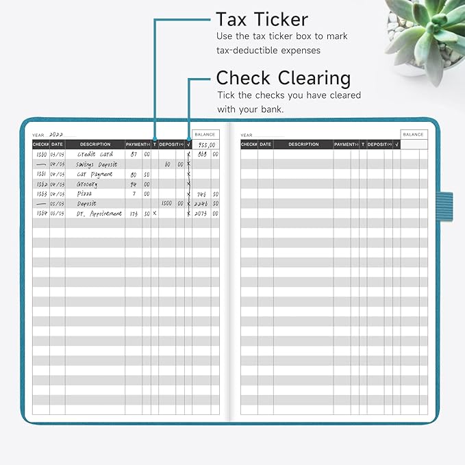 KUMEER Check Register – Elegant Check Registers for Personal Checkbook with Check & Transaction Registers, Hardcover Checkbook Log 5.2x7.6" (Turquoise)