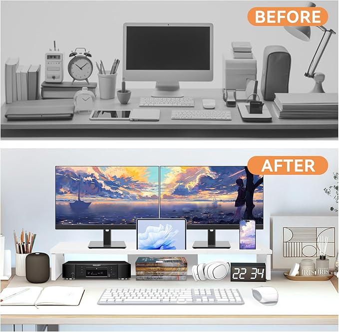 Qupui Dual Monitor Stand Riser with LED Lights and Phone Tablet Holder, 35.8in Large Monitor Stand for Desk, Computer Monitor Stand for 2 Monitors, Desktop Shelf Organizer for Laptop, Printer, TV