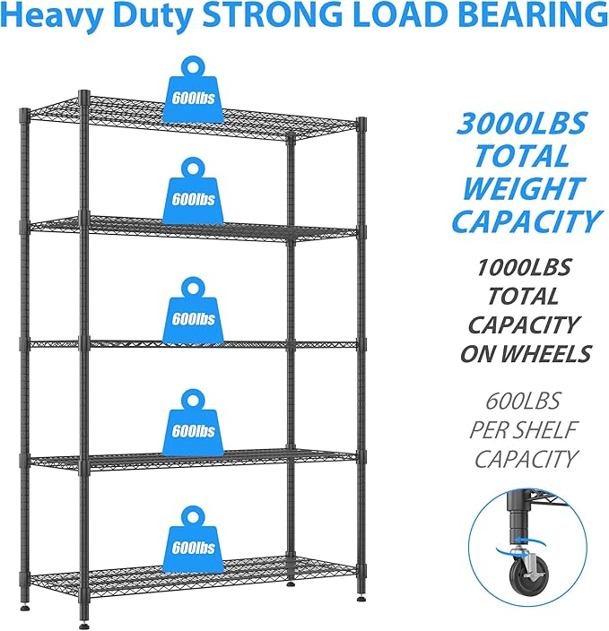 Homdox 5 Tier Storage Racks and Shelving, 24"x60"x82" Heavy Duty Metal Shelves for Storage, 3000LBS Commercial Adjustable Wire Shelving Unit on Wheels for Garage, Pantry, Kitchen, Warehouses, Black