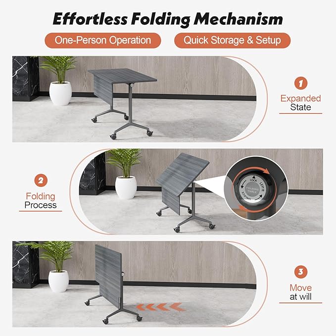 Goakwwuz Conference Room Table, Folding Conference Tables,Thicken Grey Tabletop,Flip Top Wooden Seminar Meeting Room Table for Conference Room Offices (4, BlackWoodGrain, 47.2“)
