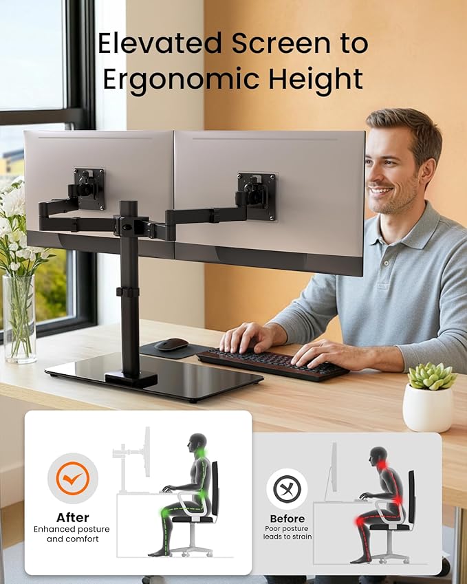 ErGear Freestanding Dual Monitor Stand for 17 to 32 Inch Screens, Computer Monitor Mount for 2 Screens, Dual Monitor Arm with Tempered Glass Base, VESA Mount Desk Stand Holds 22 lbs per Arm