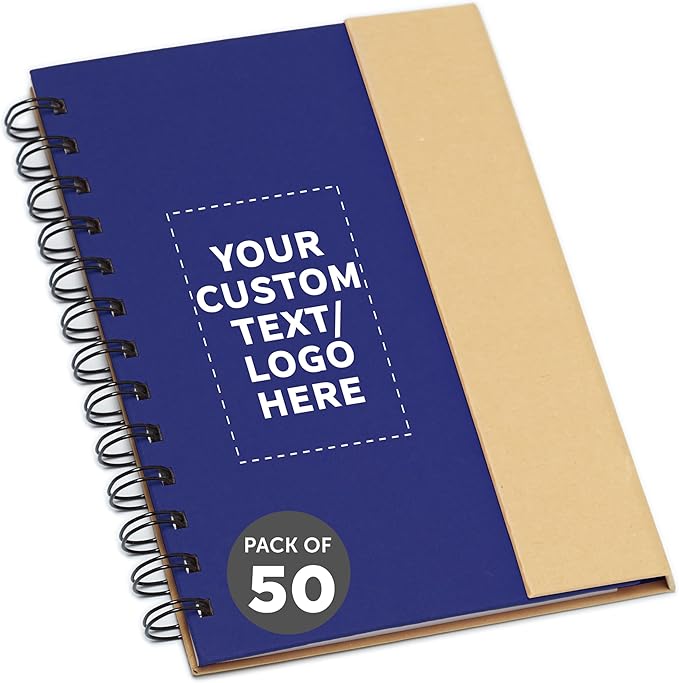 DISCOUNT PROMOS Custom Eco Friendly Spiral Notebooks with Pens Set of 50, Personalized Bulk Pack - Perfect for School, Office, Home - Blue