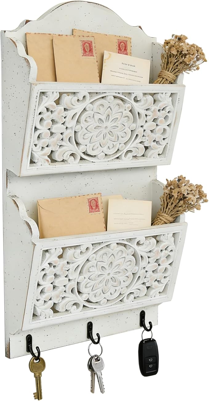 Chadechimo Rustic Key and Mail Holder for Wall Home Decorative,2-Slot Mail Organizer Wall Mount with 3 Hooks, Wooden Key Hangers Wall File Organizer Letter Sorter for Letter Magazines（White）