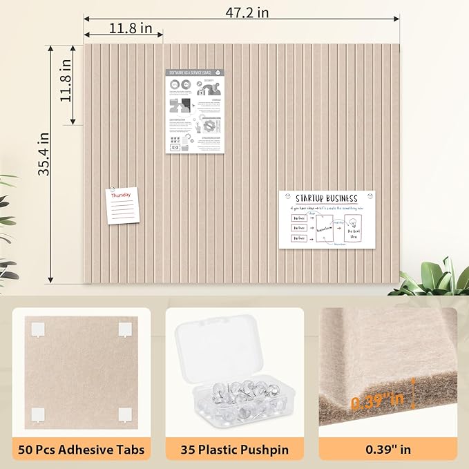 Smarpau Large Cork Board for Walls, 48"x36" Bulletin Board, 12 Pack Felt Wall Tiles with Pushpins Removable Security Stickers, Pin Board for Office Wall Organizer Protector -Deep Camel