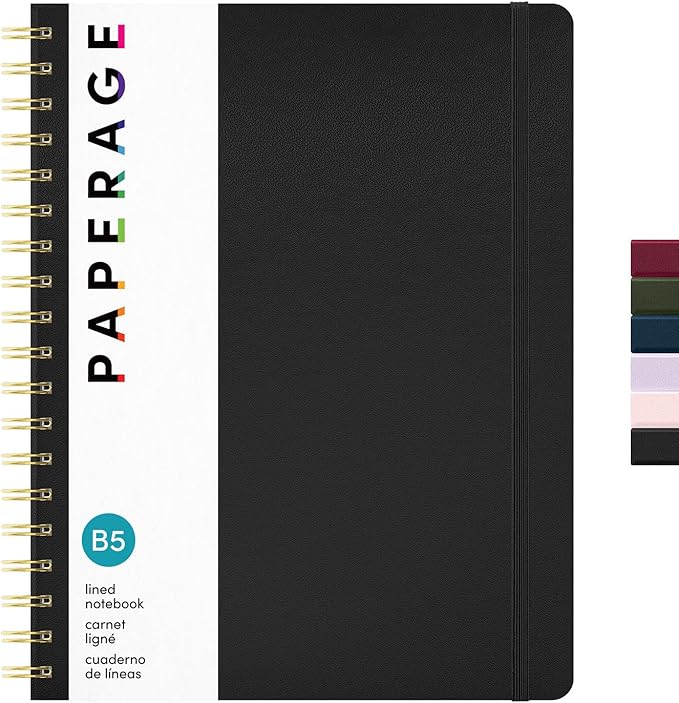 PAPERAGE Lined Spiral Journal Notebook, (Black), 160 Pages, Large B5 Hardcover Journal for Women & Men, 10 in x 8.15 in - 100 GSM, Thick Paper, Spiral Notebook for Work, School & Journaling