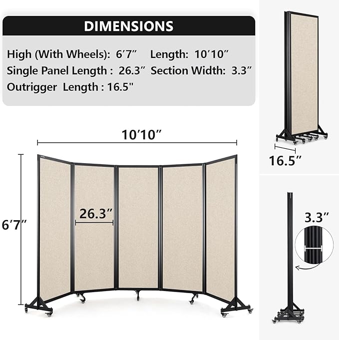 Strongbird Room Partition,Folding Privacy Divider,Office Partition Dividers,Office Dividers Wall, 10'6"W x 6'7"H,Beige