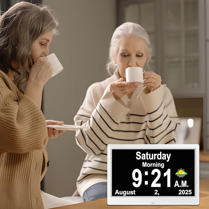 SSYA Dementia Clocks with Day and Date for Seniors,13 Alarms Custom Reminders, Extra Large Digital Calendar Clock for Elderly. (White)