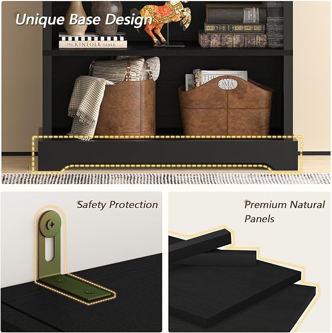 TVU 6-Tier Wooden Bookshelf, 77.2" Tall Farmhouse Style Open Bookcase, 31.5" W Standing Book Shelf with Storage, Suitable for Study, Living Room, Office, Blcak