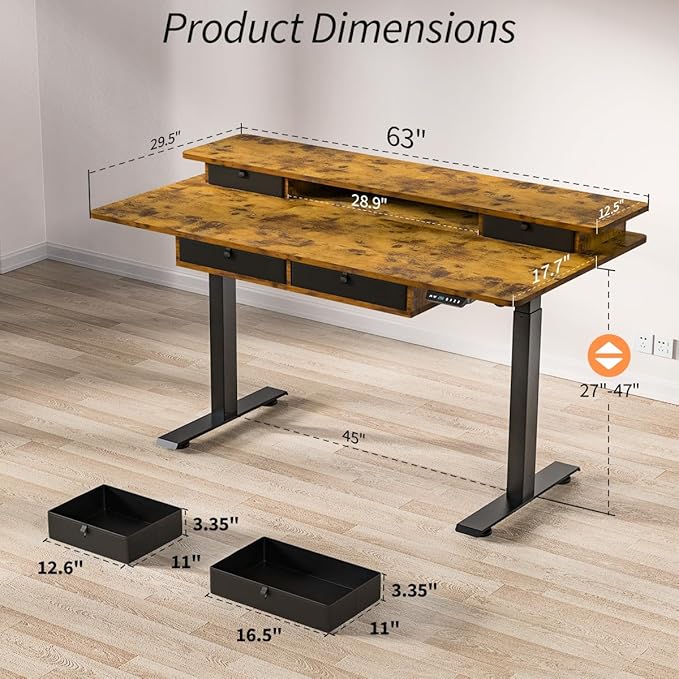 Kingant 63 x 30 Inch Electric Standing Desk with 4 Drawers, Adjustable Height Computer Desk for Home Office, Large Workstation Sit Stand Up Desk with Built-in USB A/C Charging Ports, Rustic Brown