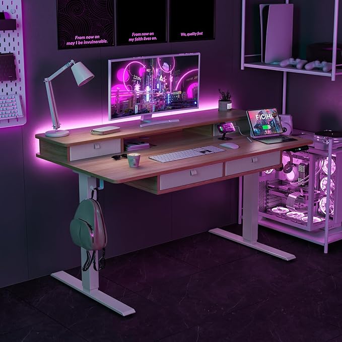 FiCiHi Adjustable Height Standing Desk with 4 Drawers,55 x 30 inches Electric Sit Stand Home Office Desk with Two Tiers, 3 Memory Presets, Monitor Stand Riser, USB A/C Charging Port