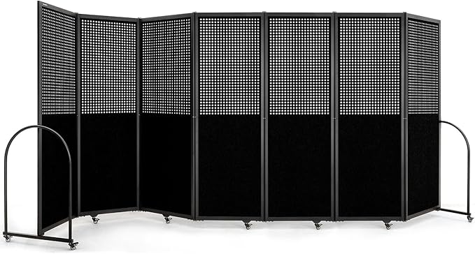 Folding Room Partition,Freestanding Privacy Divider,Portable Office Divider Wall,Commercial Space Partition Screen,Perforated Felt Panel Design,18'5"W x 6'7"H,7 Panel,Black