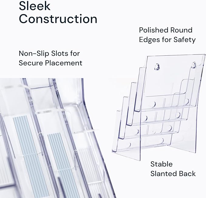SimplyImagine Acrylic Brochure Holder, 4 Tier Clear Literature - 8.5 x 11 inches, Pamphlet Holder, Wall Mount/Countertop Plastic Flyer Display Stand Organizer for Display Flyer, Booklet, Document