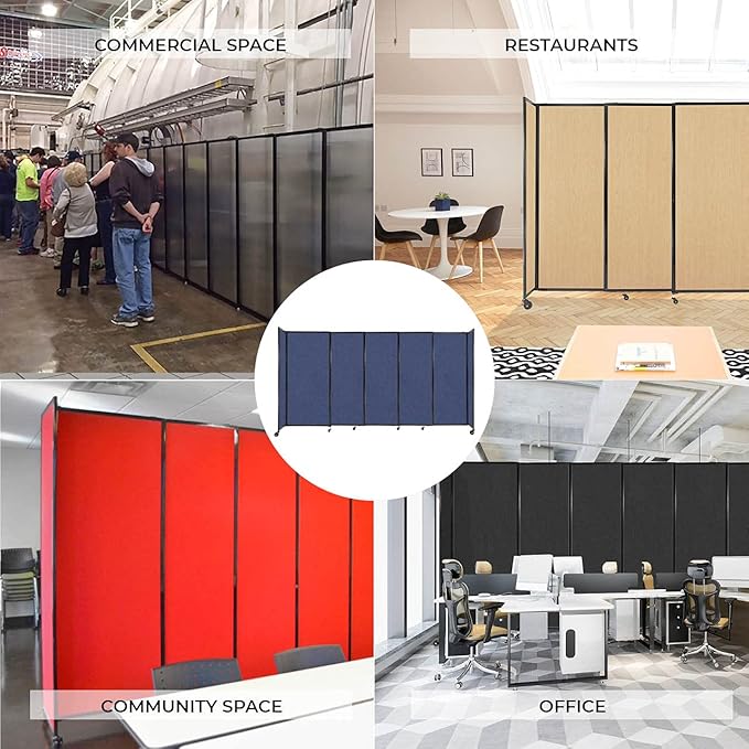 Versare Straightwall Sliding Portable Wall Partition | Freestanding Office Dividers | Locking Wheels | Temporary Room Separator | 11'3'' Wide x 5' Tall Navy Blue Fabric Panels