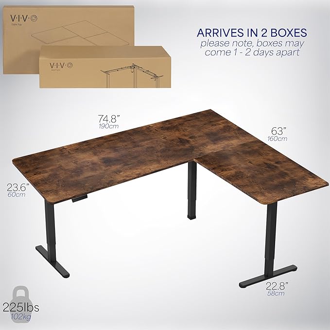VIVO Electric Corner 75 x 63 inch L-Shaped Standing Desk, Memory Height Adjustment, Rustic Vintage Brown Top Black Frame, DESK-E3CTN-75