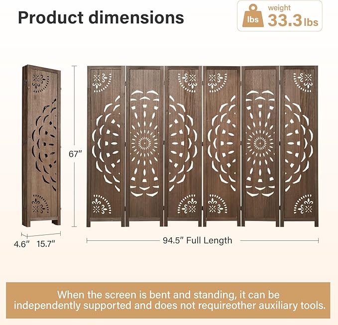 66.9Inch Wooden Room Partition - 6 Panels Boho-Styled Space Room Divider for Home/Office, Headboard & Yoga/Photo/Video Call Backdrop (Brown)