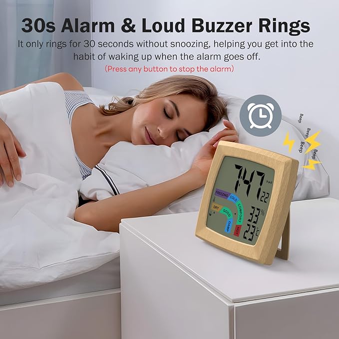 VOILEIPAGI Travel Alarm Clock Bedside Clock with Auto Backlight, Battery Powered Alarm Clock Temperature and Humidity, Second, Date, 12/24H, Wood Grained Small Clock Digital Alarm Clocks for Bedrooms