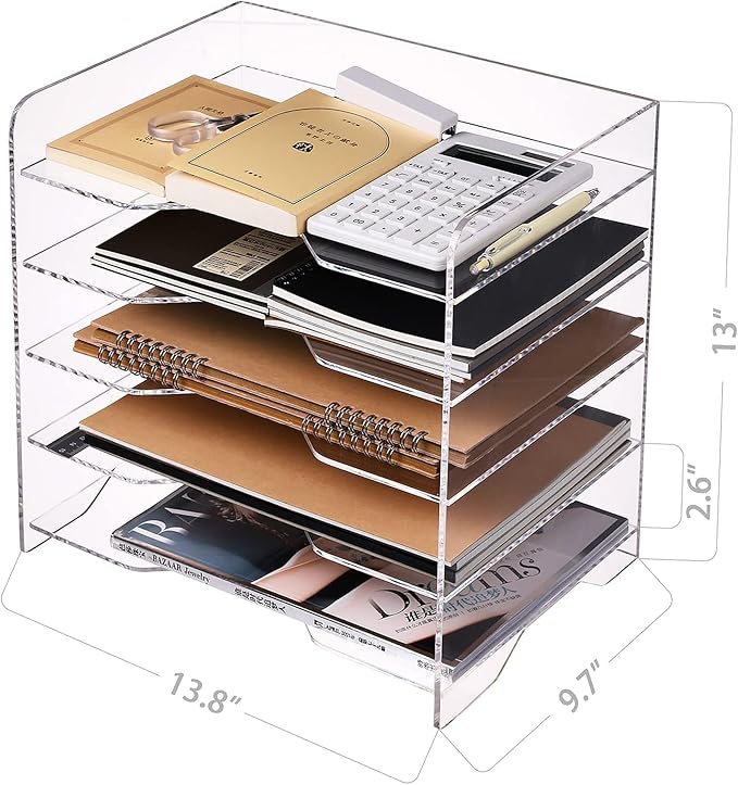 HeZone Acrylic Paper Letter Tray Organizer, 5 Tiers, Transparent, Modern, Rectangular, Stackable, Office