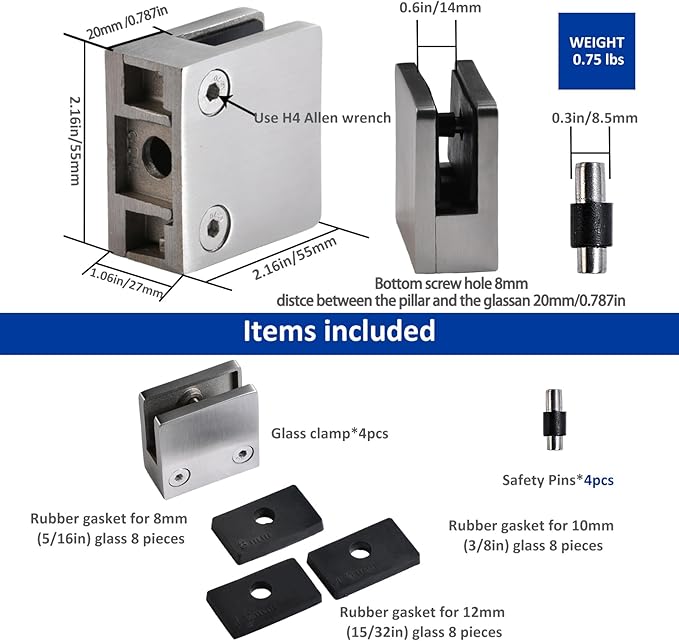 Glass Clamp－4PCS Adjustable Glass Shelf Bracket, 1/3 "-1/2 " 304 Stainless Steel Glass Clamps, Glass Clamp Bracket is Suitable for Railing, Stairs, Glass Wall, All Kinds of Glass (Silver-4pcs)