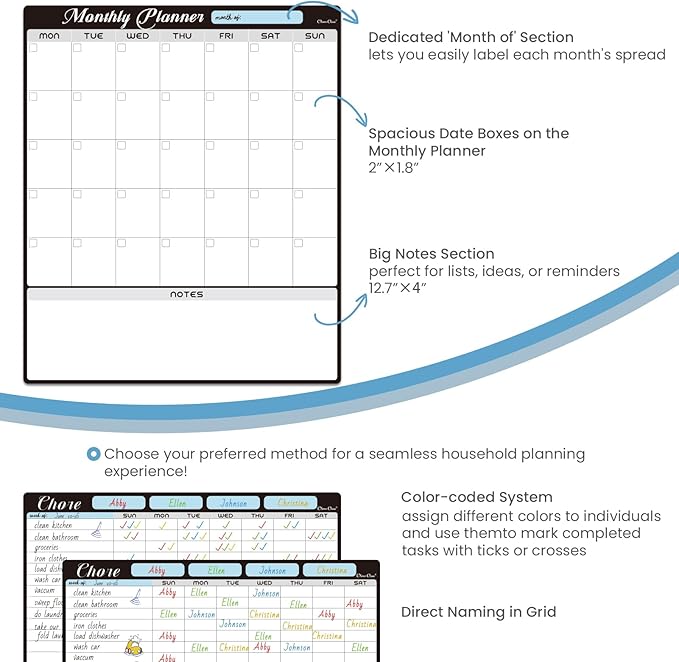 Magnetic Dry Erase Monthly Calendar Set - 15.5"x13" Monthly Calendar and 8.5"x13" Chore Board for Fridge - 6 Extra Fine Point Markers Included - Shipped Flat