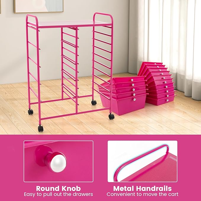 DORTALA 15-Drawer Rolling Storage Cart with Drawers, Rolling Utility Cart w/Removable Drawers & Universal Wheels, Tools Scrapbook Paper Organizer for School, Office, Home, Classroom (Hot Pink)