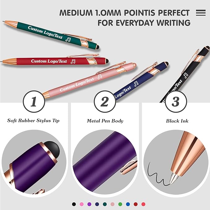 CRME Custom Pens Personalized Pen in Bulk Customized Pens Engraved Grip Retractable Ballpoint Pen with Name/Logo 2-in-1 Stylus Pens for Touch Screens Ideal for Party Business Office School Colorful