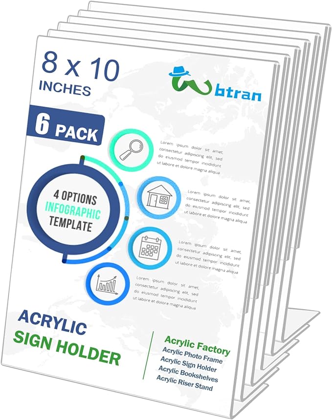 Wbtran Slanted Back Acrylic Sign Stands 8 x 10, Clear Tabletop Display, Plastic Paper Sign Holder for Office, Home, Restaurant (6 Pack)