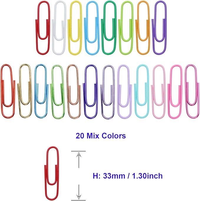 AOKIVIGOA 500pcs Coloured Paper Clips with Plastic Box of Paper Clips for Office Stationery 33mm 20 Colors Multicoloured I