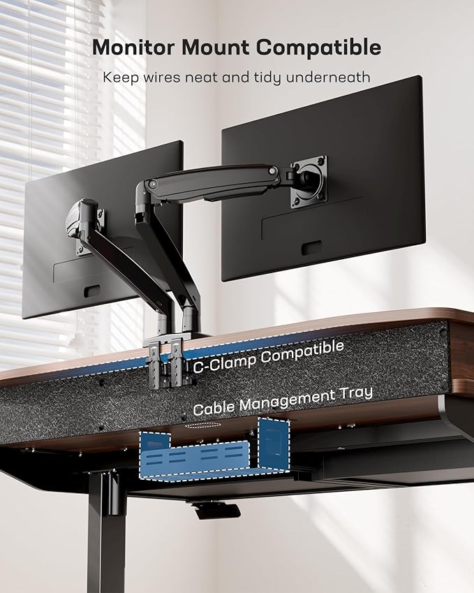 HUANUO 55 x 30 inch Electric Standing Desk with Wood Drawers, Adjustable Height Sit Stand Home Office Desk with Two Tiers, Ergonomic Adjustable Stand up Desk C-Clamp Monitor Mount Compatible, Walnut